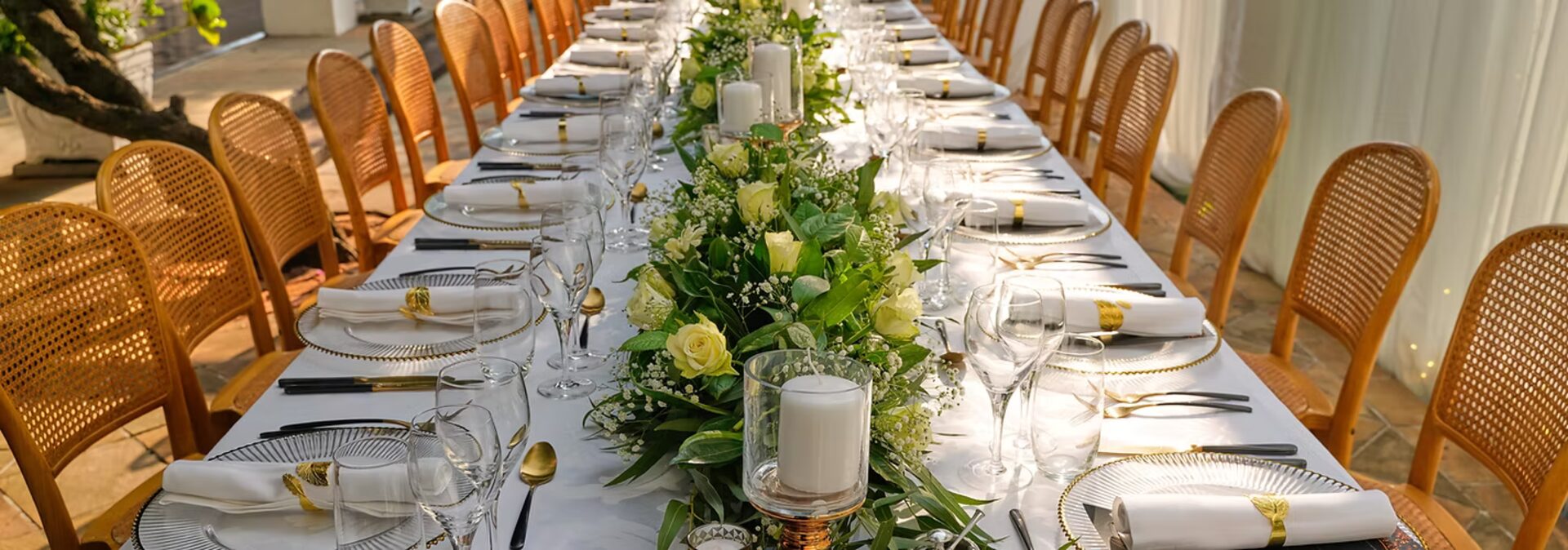Banquet long table set with cane chairs and floral runner